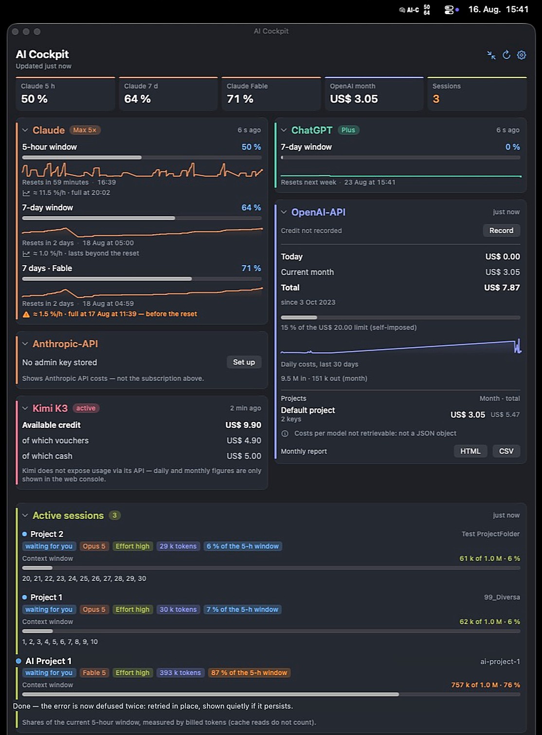 AI-Cockpit dashboard with all cards