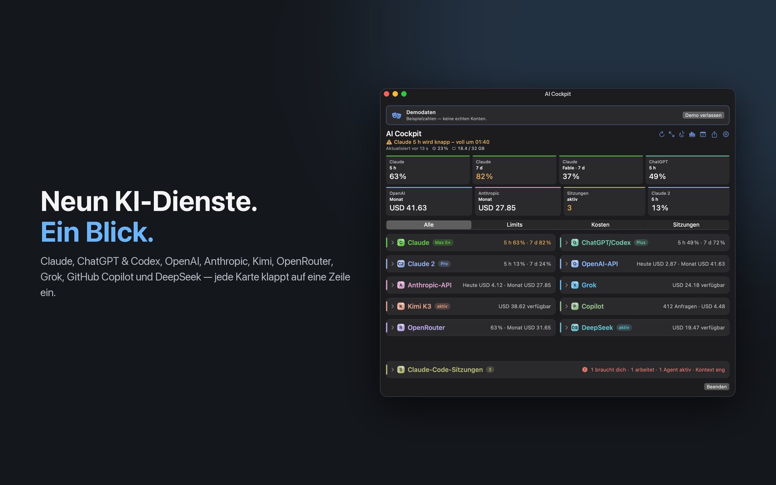 Mac-App mit allen neun Diensten auf eingeklappten Karten, darunter DeepSeek