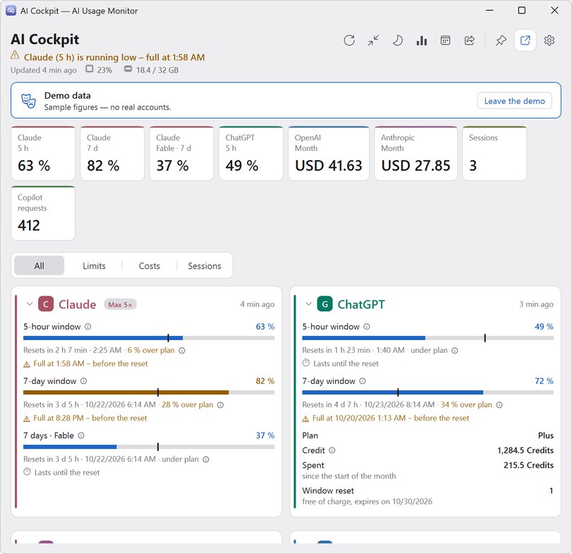 The AI Cockpit main window on Windows in demo mode, light theme: header with icon buttons and system load, key figure tiles, and the Claude and ChatGPT cards with forecast lines