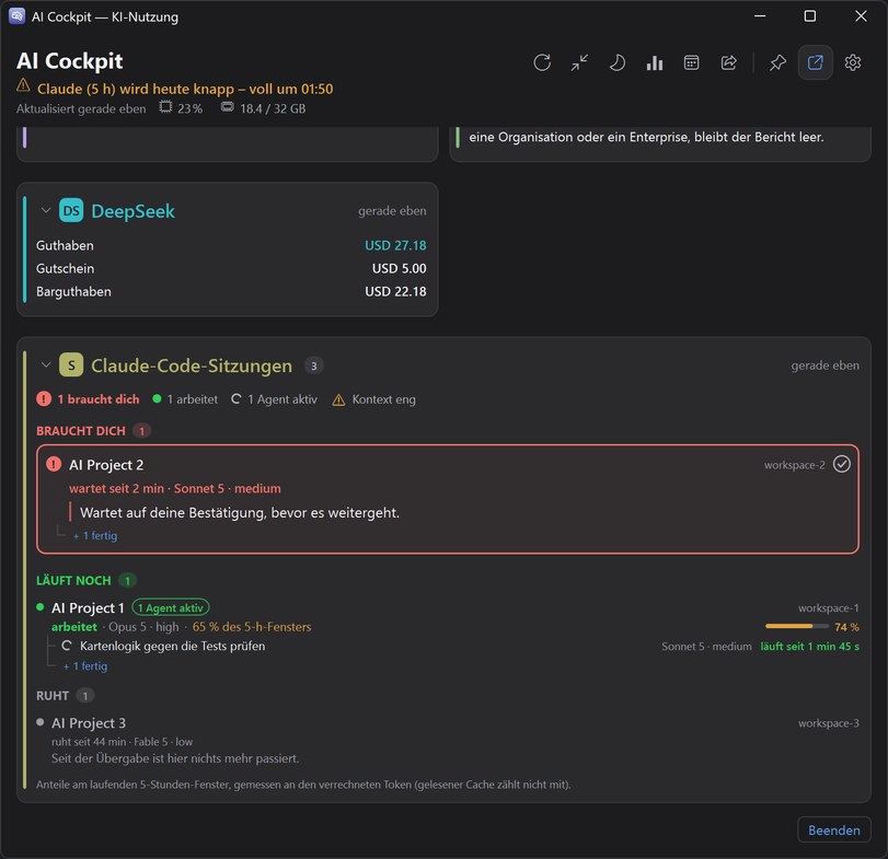 Die Sitzungskarte unter Windows im dunklen Thema, mit den Gruppen Braucht dich, Läuft noch und Ruht